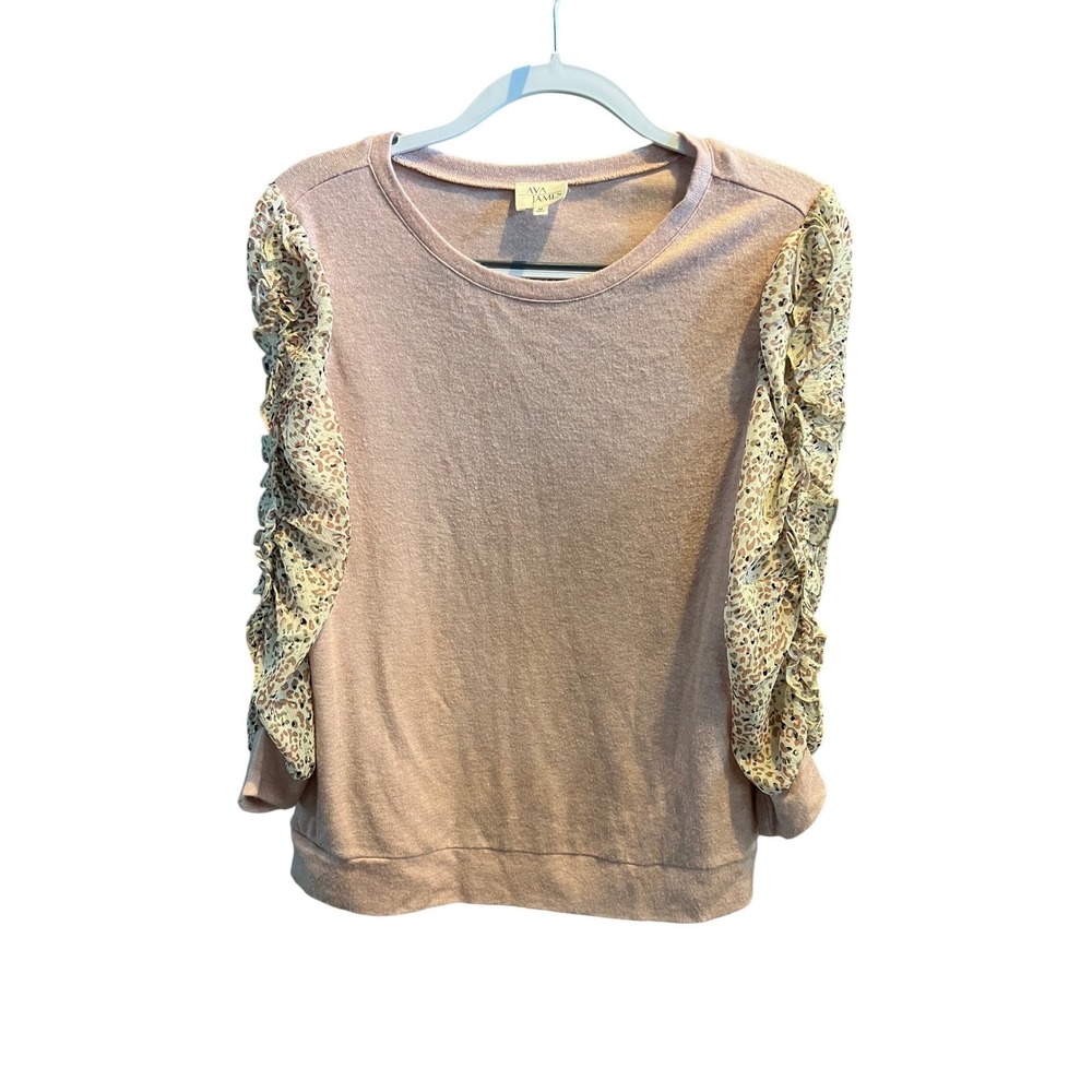 Ava James Mauve Pink Ruffle Leopard Print Sleeve Knit Top Womens Medium AV-3061A